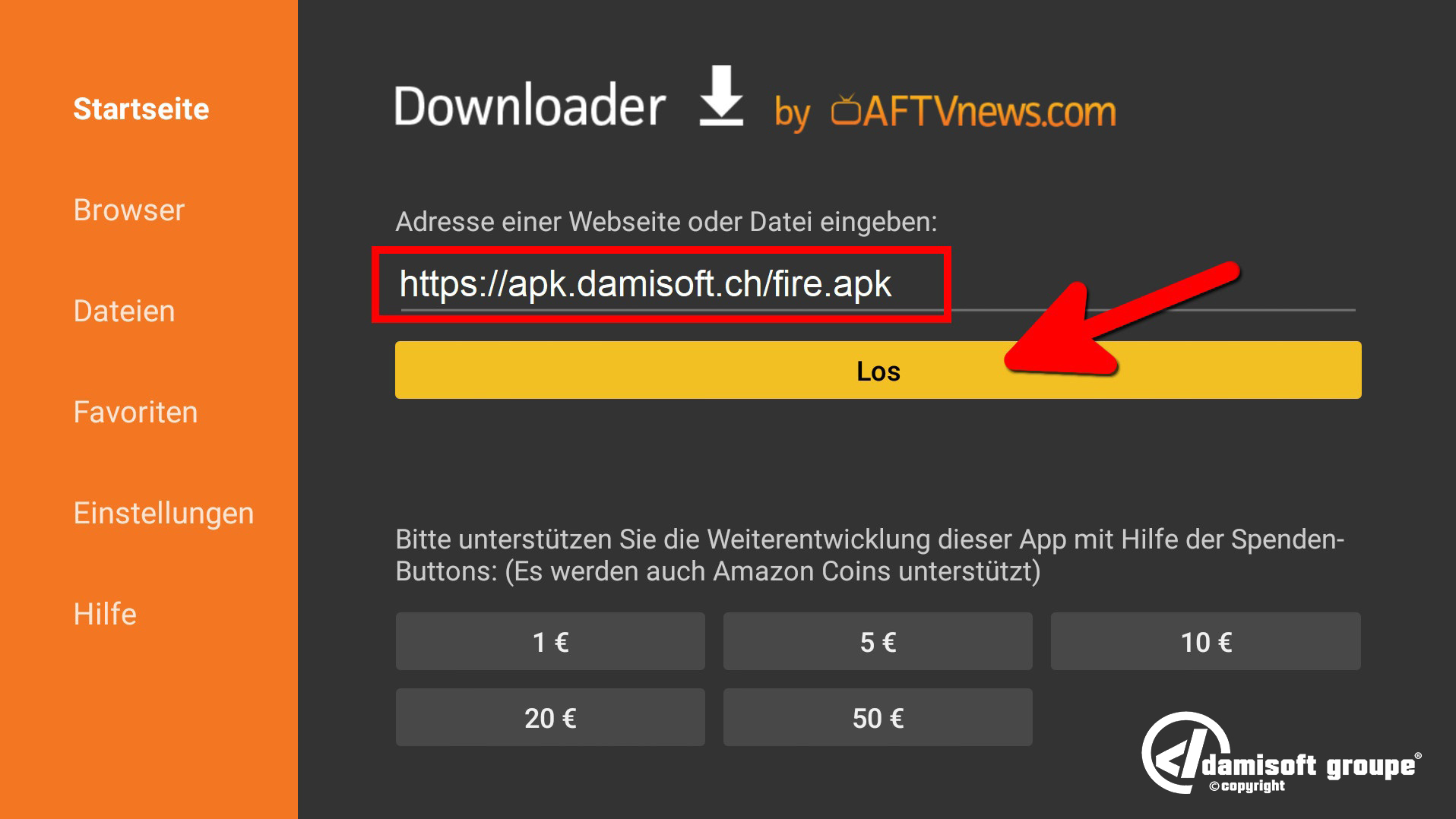 Damisoft Damistream URL Adresse Amazon firetv Downloader