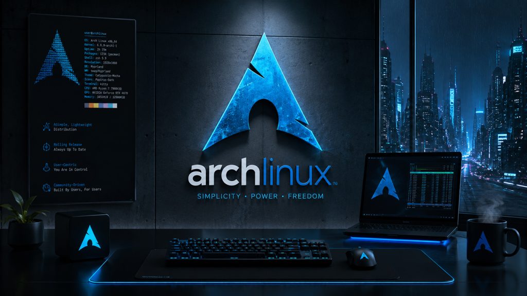 Arch Linux Desktop mit Terminal Arch Linux Damisoft Logo Original 2026