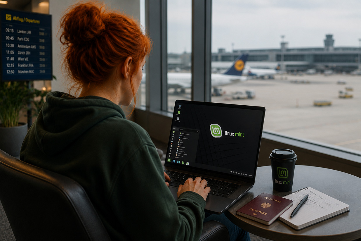 Linux Mint Flughafen Laptop PC Desktop Damisoft Original Tux 2026