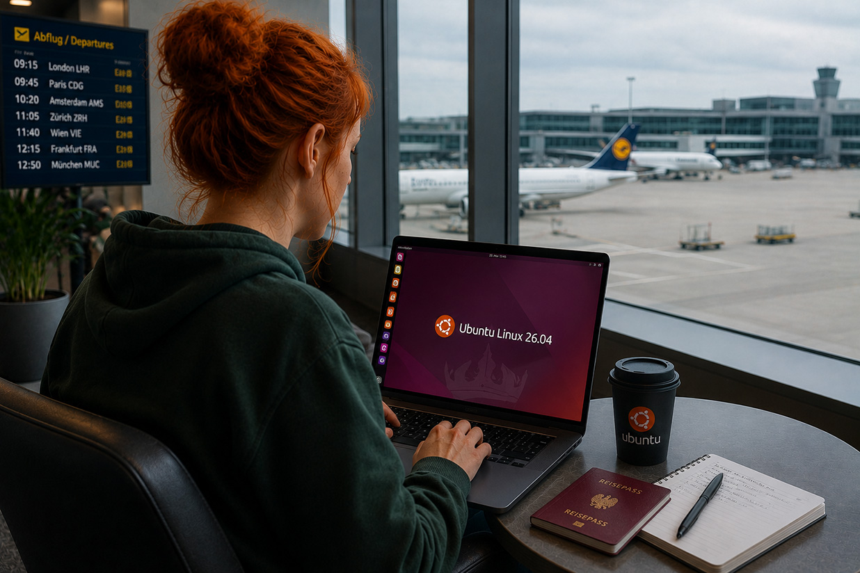 Ubuntu Linux am Flughafen Ubuntu Linux Flughafen Desktop Laptop Damisoft 2026