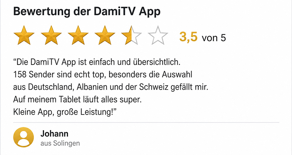 Bewertung von Johann aus Solingen NRW Bewertung Johann Solingen DamiTV Android App Sterne